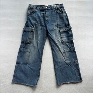 Cotton On Cargo Wide Leg Jeans Womens 12 Blue Denim Raw Hem High Rise Utility